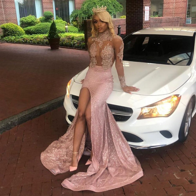 Shop Chic Dusty Pink Long Sleevess Lace Appliques New Arrival High Split Sequined Long Prom Party Gowns with Ballbella. We offer free shipping and custom made service for evening dresses. 32 colors available.