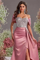 Chic Dusty Rose Sweetheart Off-The-Shoulder Satin Prom Dress Mermaid High Split With Ruffle Beads-Ballbella