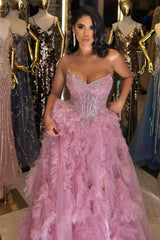 Chic Dusty Rose V-Neck Strapless Sleeveless Tulle Prom Dresses A-Line High Split With Gem-Ballbella