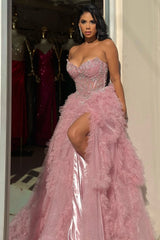 Chic Dusty Rose V-Neck Strapless Sleeveless Tulle Prom Dresses A-Line High Split With Gem-Ballbella