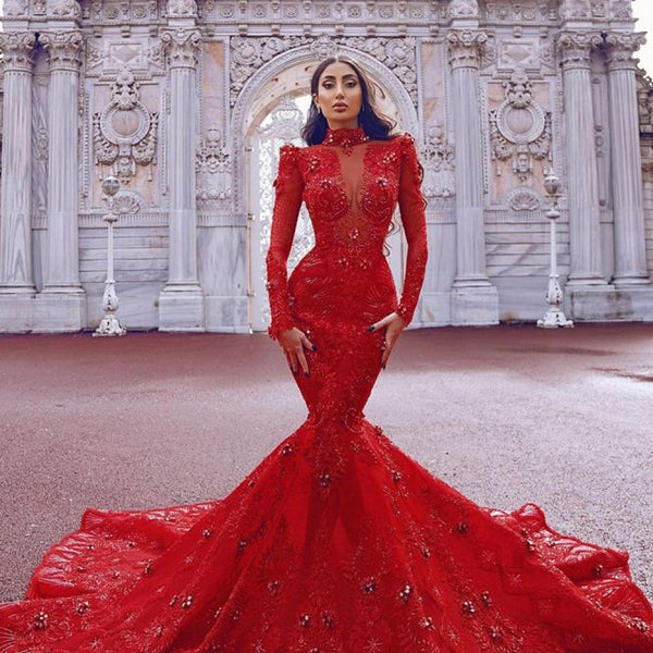 off-the-shoulder long sleeves mermaid sweep train prom dresses Chic Floor Length Mermaid Prom Gown Crystals Long Sleeves Sweep Train Party Gowns