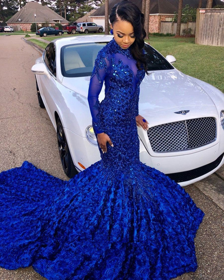 Chic Flowers Royal Blue Prom Party Gowns Long Sleeves Prom Party Gown –  Ballbella
