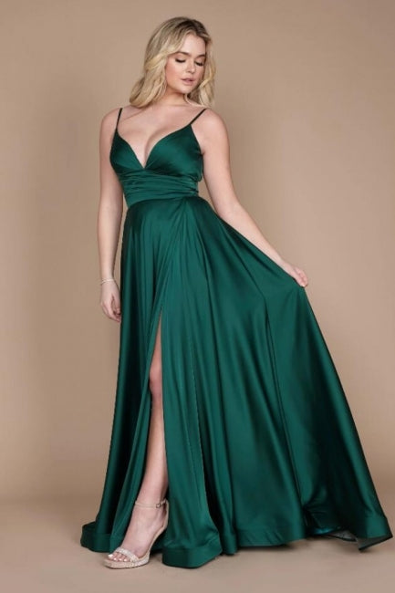 Chic Green Spaghetti-Straps Sleeveless Column Satin Evening Dresses With Ruffles-Ballbella