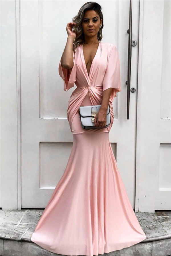 Wanna Evening Dresses in Mermaid style,  and delicate  work? Ballbella has all covered on this elegant Chic Half Sleeves Deep V-neck Pink Evening Dresses Chic Mermaid Formal Dresses with Pleats.