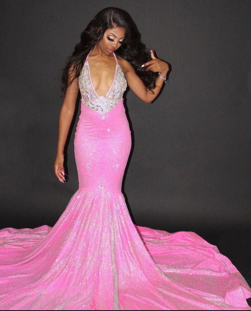Looking for Prom Dresses, Evening Dresses in Satin,  Mermaid style,  and Gorgeous Crystal work? Ballbella has all covered on this elegant Chic Halter Mermaid Evening Gowns Backless Prom Dress.