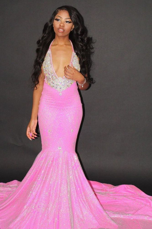 Chic Halter Mermaid Evening Gowns Backless Prom Party Gowns-Ballbella