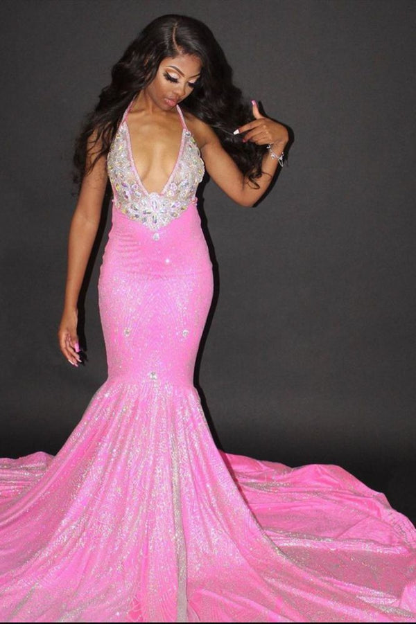 Chic Halter Mermaid Evening Gowns Backless Prom Party Gowns-Ballbella