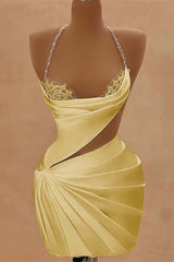 Chic Halter Sleeveless Homecoming Dresses Mini Sheath Prom Dress Pleats With Beads-Ballbella
