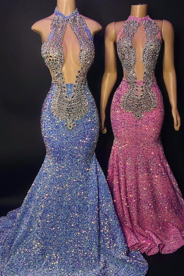 Halter Yellow Mermaid One-Shoulder Long-Sleeve Evening Dress with Beadings | Ballbella main image 1