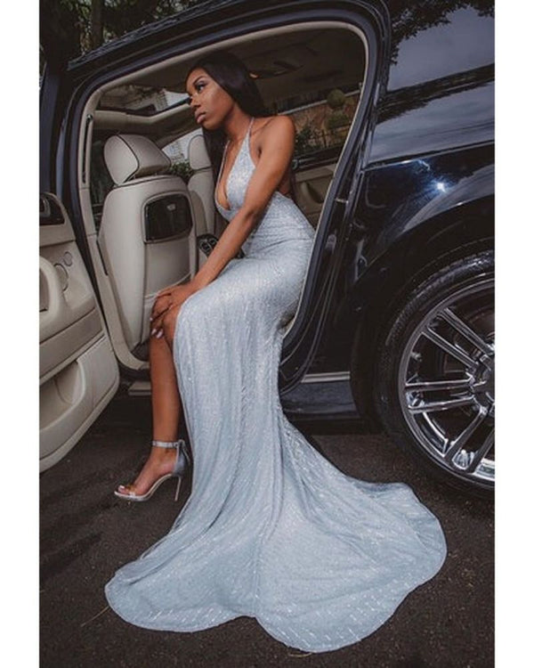 Looking for Prom Dresses, Evening Dresses in Sequined,  Column style,  and Gorgeous Split Front, Sequined work? Ballbella has all covered on this elegant Chic Halter V-neck Sequins Front Slit Long Mermaid Prom Dresses.