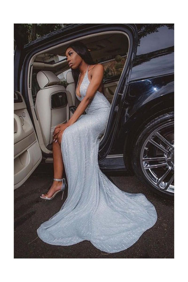 Chic Halter V-neck Sequins Front Slit Long Mermaid Prom Dresses-Ballbella