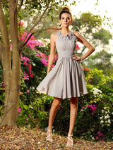 Chic Hand-Made Flower Sleeveless Short Chiffon Bridesmaid Dresses-Ballbella