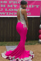 Shop Chic High-Neck Backless Sleeveless Applique Mermaid Prom Party Gowns at Ballbella.com today,  extra free coupons available for backless prom dresses collection,  you will never wanna miss it.