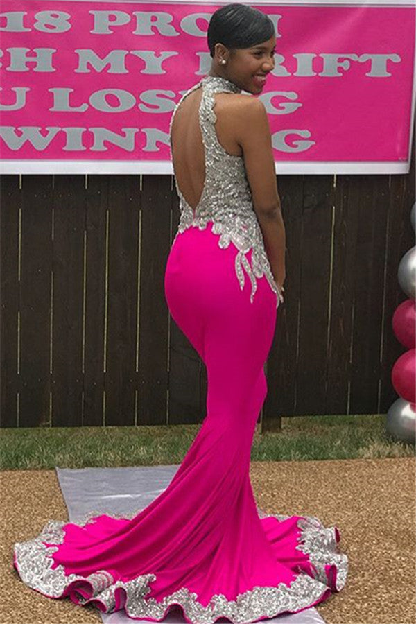 Shop Chic High-Neck Backless Sleeveless Applique Mermaid Prom Party Gowns at Ballbella.com today,  extra free coupons available for backless prom dresses collection,  you will never wanna miss it.