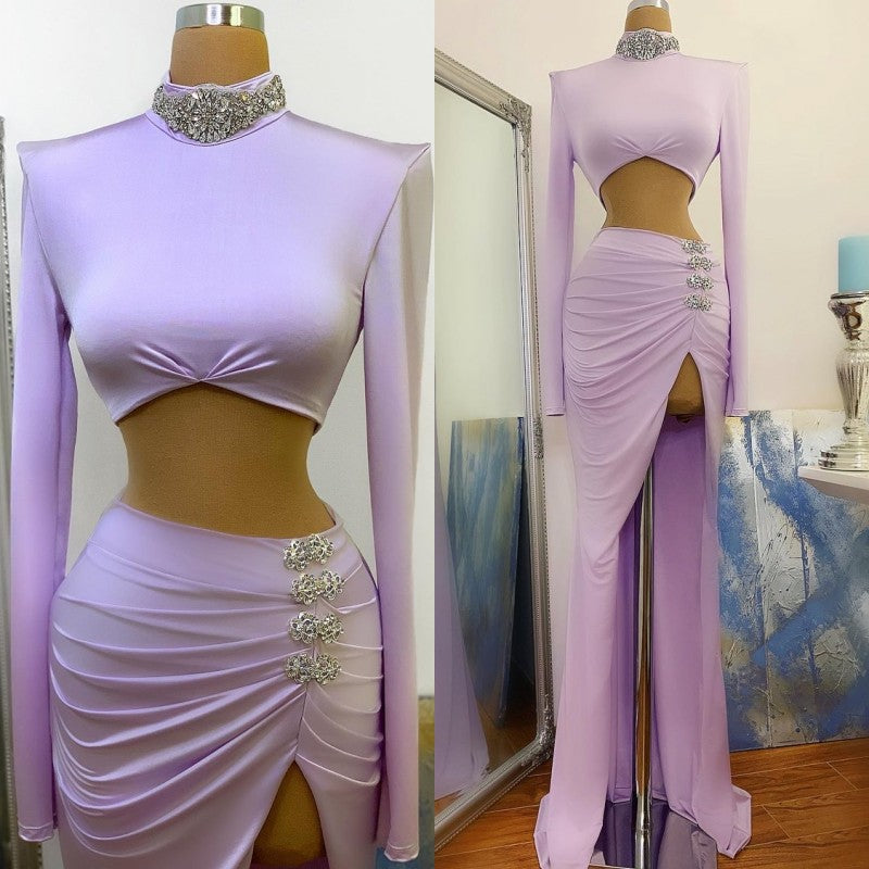 Chic High Split Long Sleeve Prom Dress Mermaid High Neck Online-Ballbella