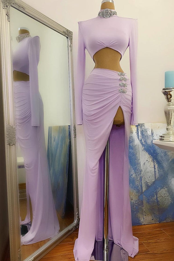 Chic High Split Long Sleeve Prom Dress Mermaid High Neck Online-Ballbella