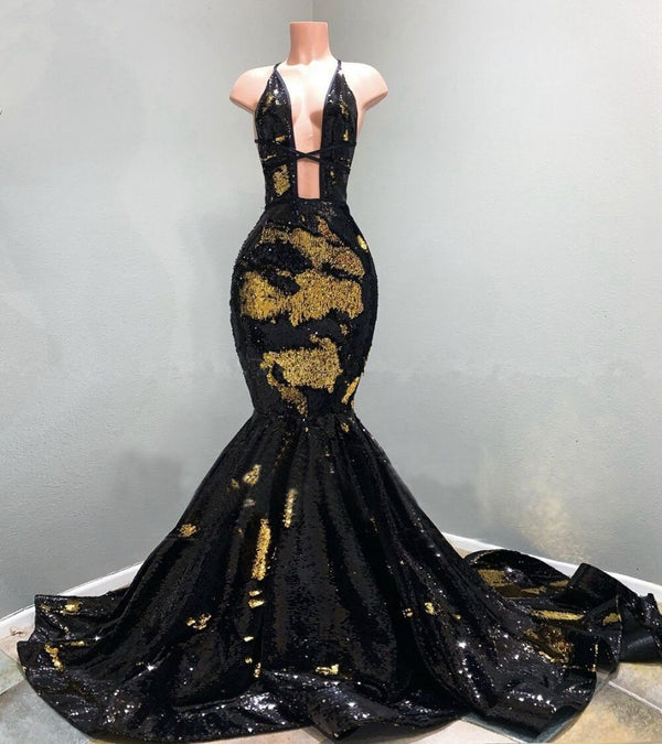 Looking for Real Model Series in Sequined,  Mermaid style,  and Gorgeous work? Ballbella has all covered on this elegant Chic Hollow Neckline Gold and Black Long Train Mermaid Evening Dresses.