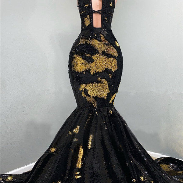 Chic Hollow Neckline Gold and Black Long Train Mermaid Evening Dresses