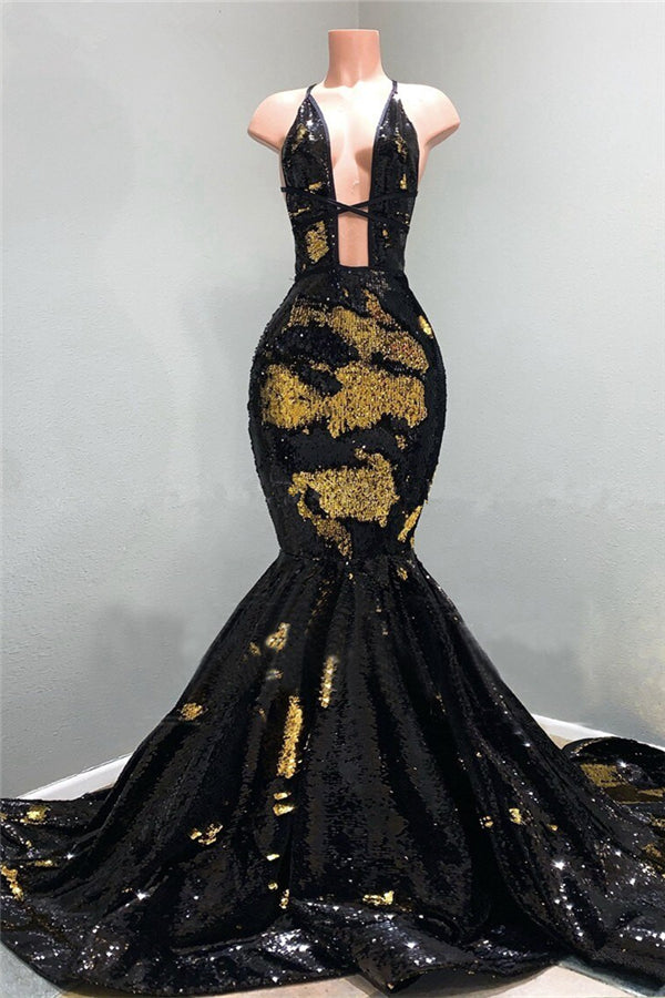 Looking for Real Model Series in Sequined,  Mermaid style,  and Gorgeous work? Ballbella has all covered on this elegant Chic Hollow Neckline Gold and Black Long Train Mermaid Evening Dresses.