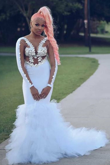 Looking for Prom Dresses, Evening Dresses in Tulle, Sequined,  Mermaid style,  and Gorgeous work? Ballbella has all covered on this elegant Chic Illusion Long Sleevess Sequins Tulle Train Mermaid White Prom Dresses.