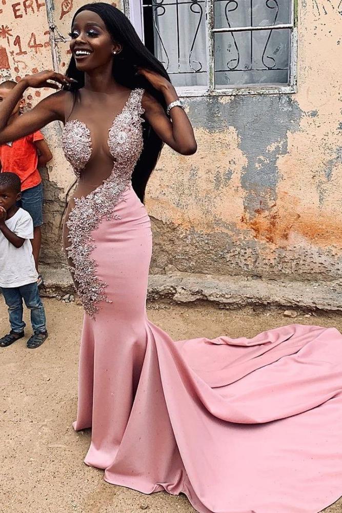 Chic Jewel Lace Appliques Mermaid Long Prom Dresses With Court Train Sheer Sleeveless Long Evening Gowns-Ballbella