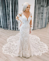 Ballbella.com supplies you Chic Lace Long Sleevess Court Train Column Wedding Dress at reasonable price. Fast delivery worldwide. 