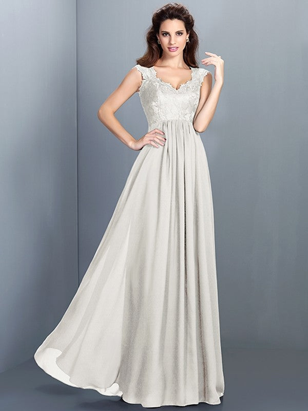 A-Line Charming Scoop Lace Sleeveless Long Chiffon Bridesmaid Dresses
