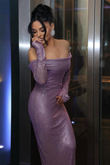 Chic Lilac Off-The-Shoulder Long Sleeves Prom Dresses Mermaid Sheath Long On Sale-Ballbella