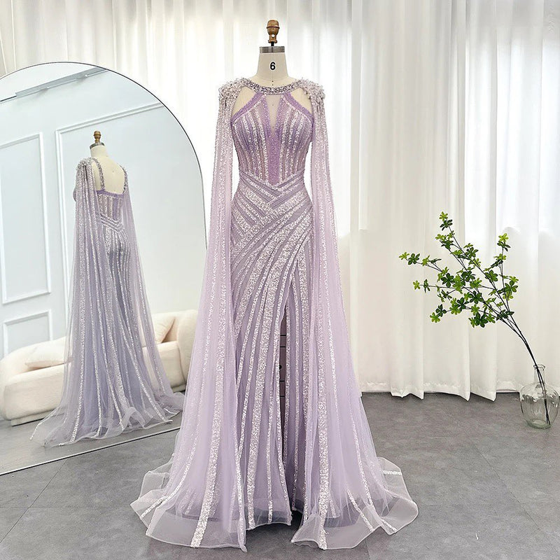 Chic Lilac Scoop Mermaid Evening Dress Split with Beadings Ruffle Chic Lilac Scoop Mermaid Evening Dress Split with Beadings Ruffle