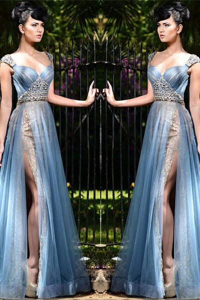 Chic Long Blue Formal Evening Dresses Tulle Crystal Chic Slit Prom Dresses Chic Long Blue Formal Evening Dresses Tulle Crystal Chic Slit Prom Dresses