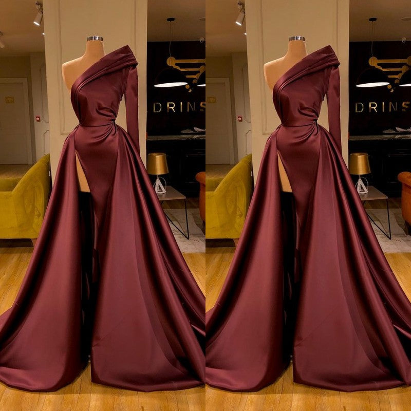 Chic Long Sleeve One Sleeve Evening Dress With Split On Sale-Ballbella