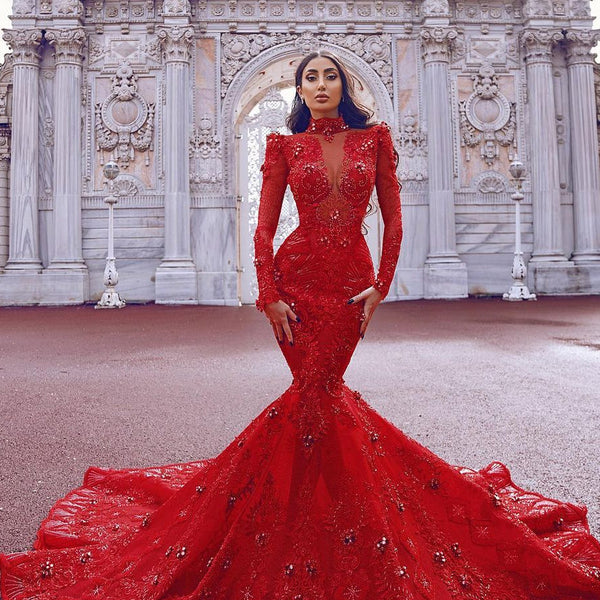 Chic Long Sleeve Red Mermaid Prom Dress with Lace Appliques