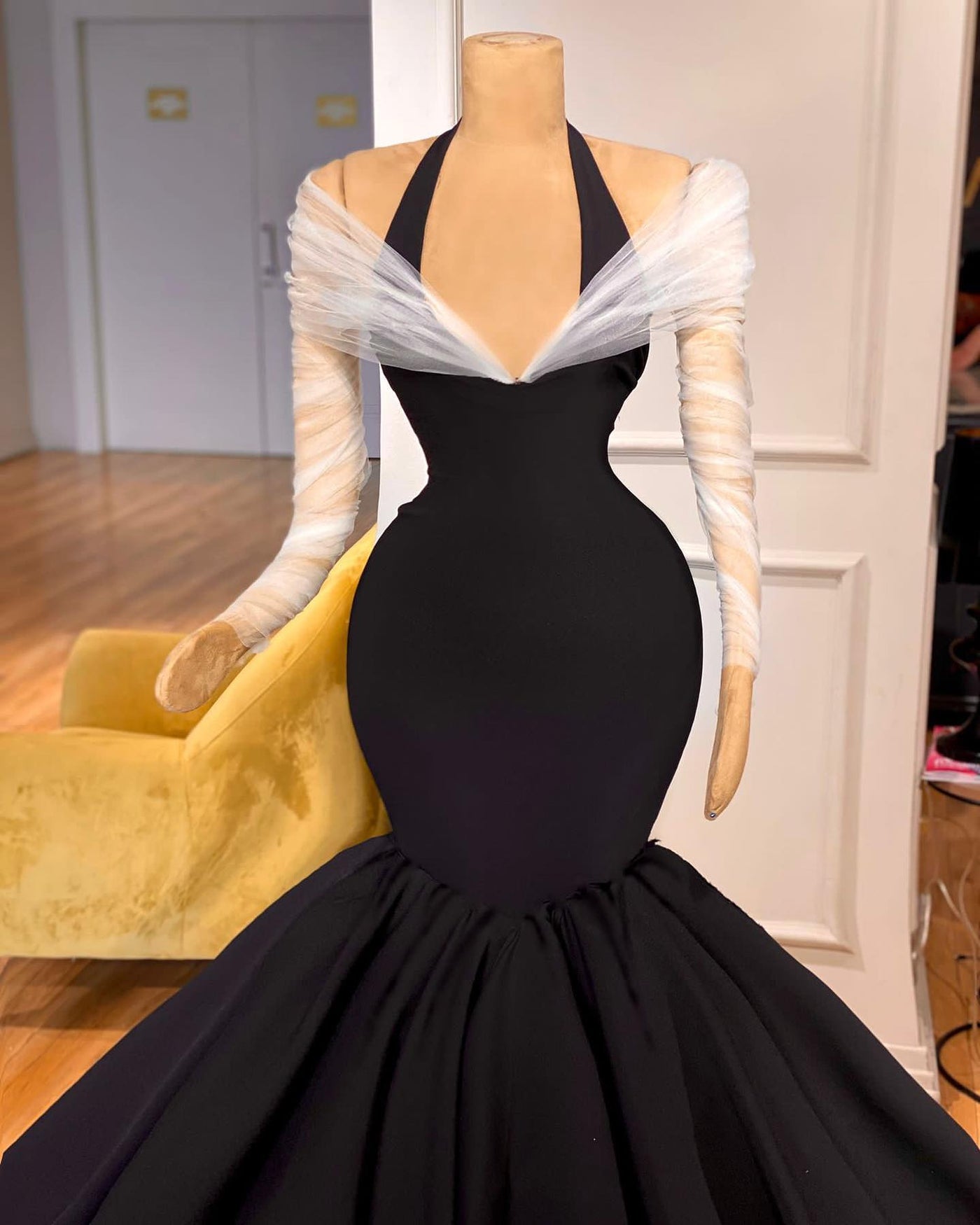 fitted lace wedding dress Chic Long Sleeves Halter Mermaid Prom Dresses with Ruffles Long