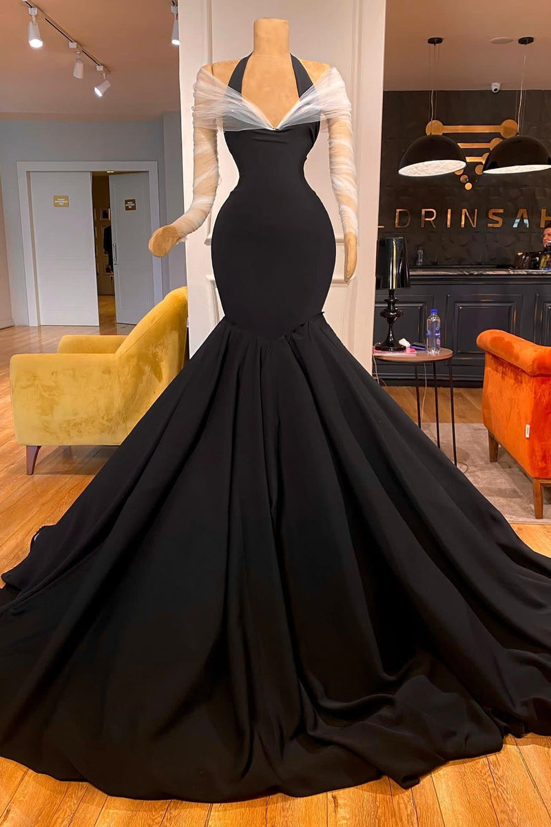 Chic Long Sleeves Halter Mermaid Prom Dresses With Ruffles Long Chic Long Sleeves Halter Mermaid Prom Dresses With Ruffles Long