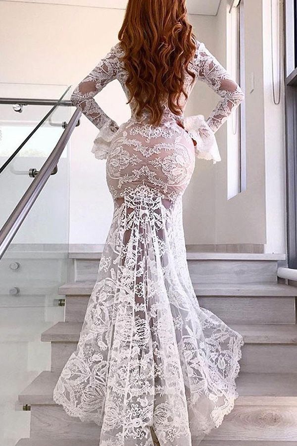 Ballbella custom  made Chic Long Sleeves V-Neck Prom Party Gowns| New Arrival Lace Evening Party Dress With Slit at an affordable price. Shop for gorgeous Sleeveless collections for your big day.