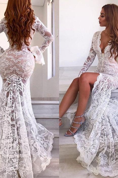 Chic Long Sleeves V-Neck Prom Party Gowns| Lace Evening Party Dress with Slit Chic Long Sleeves V-Neck Prom Party Gowns| Lace Evening Party Dress with Slit
