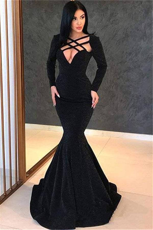 Chic Long Sleevess Mermaid Sweep Train Prom Party Gowns-Ballbella