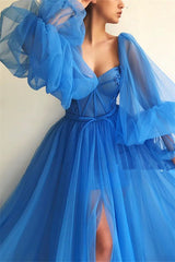 Chic Long Sleevess Sweetheart See Through Bodice Prom Party Gowns| Front Slit Blue Long Prom Party Gowns-Ballbella