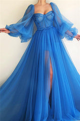 Chic Long Sleevess Sweetheart See Through Bodice Prom Party Gowns| Front Slit Blue Long Prom Party Gowns-Ballbella