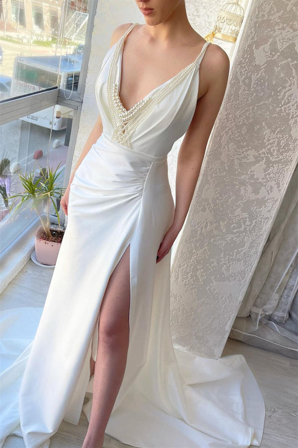 Chic Long White V-neck Pearls Sleeveless Prom Dresses Long Slit Online-Ballbella