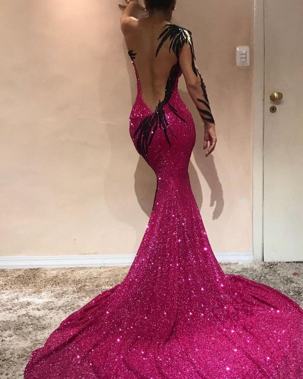Chic Mermaid Evening Dresses One Sleeve Open Back Pageant Dress,  Free shipping,  high quality,  fast delivery,  made to order dress. Discount price. Affordable price. Ballbella Official.
