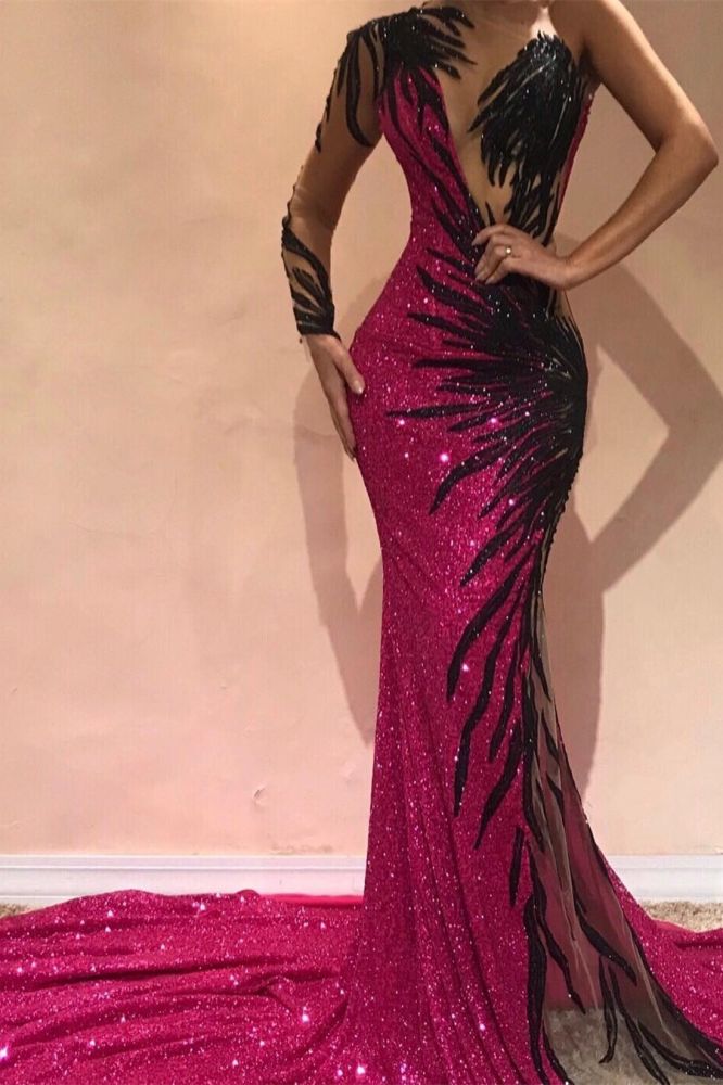 Chic Mermaid Evening Dresses One Sleeve Open Back Pageant Dress-Ballbella