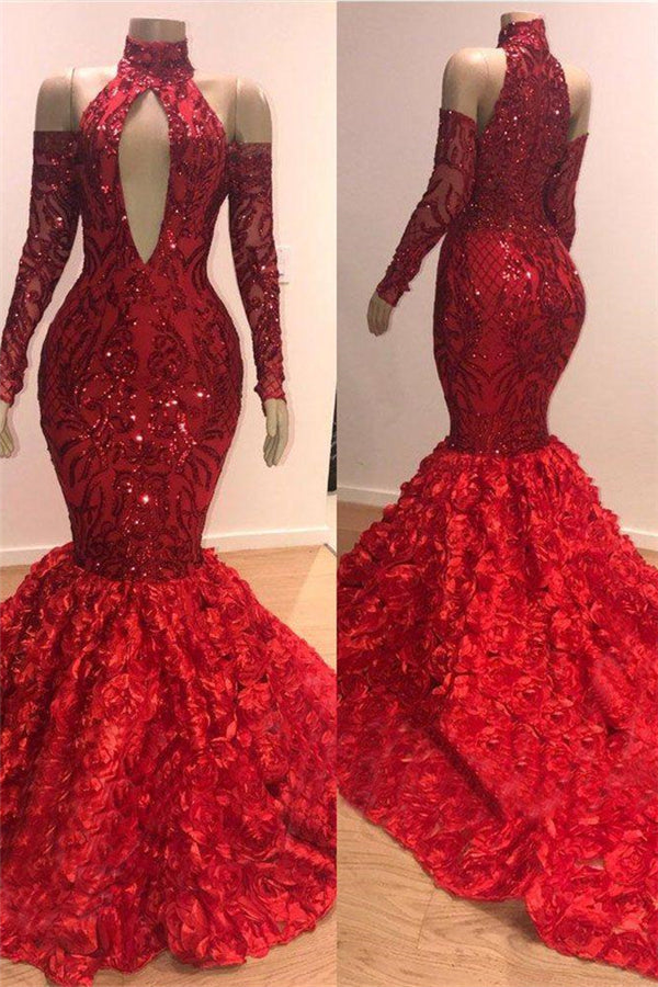 Chic Mermaid Halter Long-Sleeves Long Prom Party Gowns-Ballbella