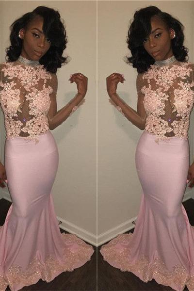 Chic Mermaid Pink High Neck Prom Dresses Long Sleevess Appliques Evening Gowns with Beadings-Ballbella