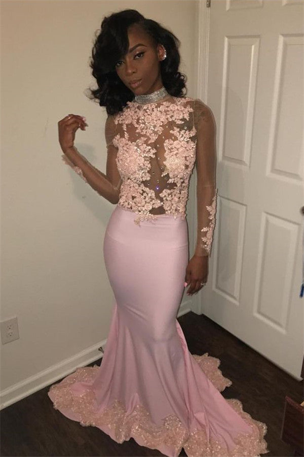 Ballbella.com custom made this pink mermaid appliques high neck Prom Party Gownsin high quality,  we sell dresses On Sale all over the world. Also,  extra discount are offered to our customers. We will try our best to satisfy everyone and make the dress fit you.