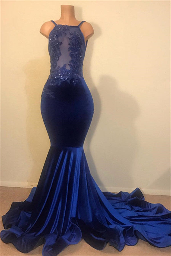 Looking for the best Chic Mermaid Spahgetti-Straps Openback Velvet Applique Prom Party Gowns? Ballbella provides you various ranges of mermaid prom dresses online,  you will never regret order here.