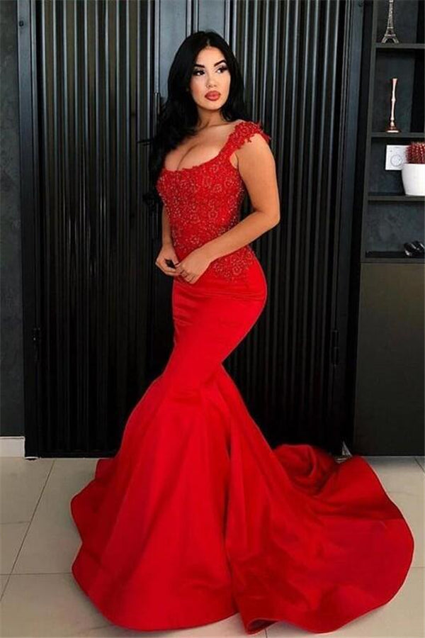 Chic Mermaid Straps Prom Party Gowns| New Arrival Long Lace Appliques Evening Gowns-Ballbella