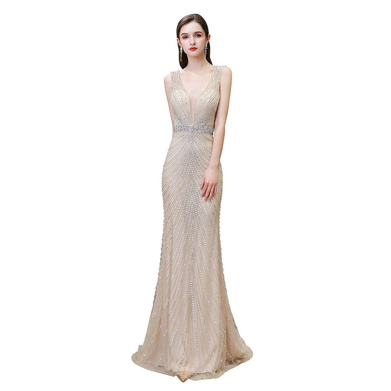 Looking for Prom Dresses, Evening Dresses, Homecoming Dresses, Quinceanera dresses in Tulle,  Mermaid style,  and Gorgeous Beading, Crystal, Sequined, Rhinestone work? Ballbella has all covered on this elegant Chic Mermaid V-neck Silver Mermaid Prom Dress.