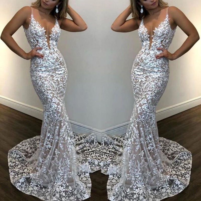 Ballbella offers Chic Mermaid White Lace V-neck Sleeveless Prom Dresses Party Gowns at cheap prices from Lace to Column Floor-length. They are Gorgeous yet affordable Sleeveless Prom Dresses. You will become the most shining star with the dress on.