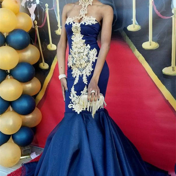 navy blue mermaid prom dress Chic Navy Blue Mermaid Prom Dresses High Neck Appliques Evening Dresses